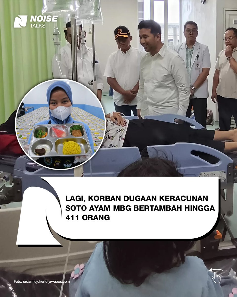 dhemit_is_back's tweet photo. Bupati Mojokerto Muhammad Albarraa (Gus Barra) menyatakan jumlah korban keracunan massal 411 pelajar, santri dan orang dewasa. Ia memastikan 411 korban keracunan karena menyantap makan bergizi gratis (MBG) soto ayam.

Sebelumnya, ratusan pelajar, santri dan keluarga siswa keracunan setelah menyantap MBG soto ayam dari SPPG Yayasan Bina Bangsa Semarang 03 Ponpes Al Hidayah. MBG menu soto ayam tersebut dibagikan ke para pelajar dan santri pada Jumat (9/1) pagi dan siang.