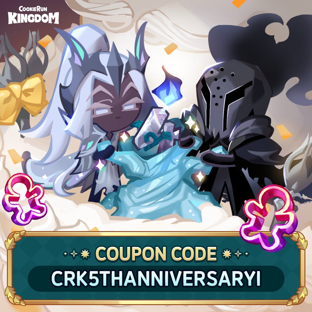👑#CookieRun: Kingdom 5th Anniversary D-4 🧂

#ElderFaerieCookie and #SilentSaltCookie await the 5th Anniversary by lighting the fourth candle together.✨

🎫 CRK5THANNIVERSARYI
📅 Until Feb 28, 23:59 (GMT+9)
🔔 game.devplay.com/coupon/ck/en

#CookieRunKingdom #CRK