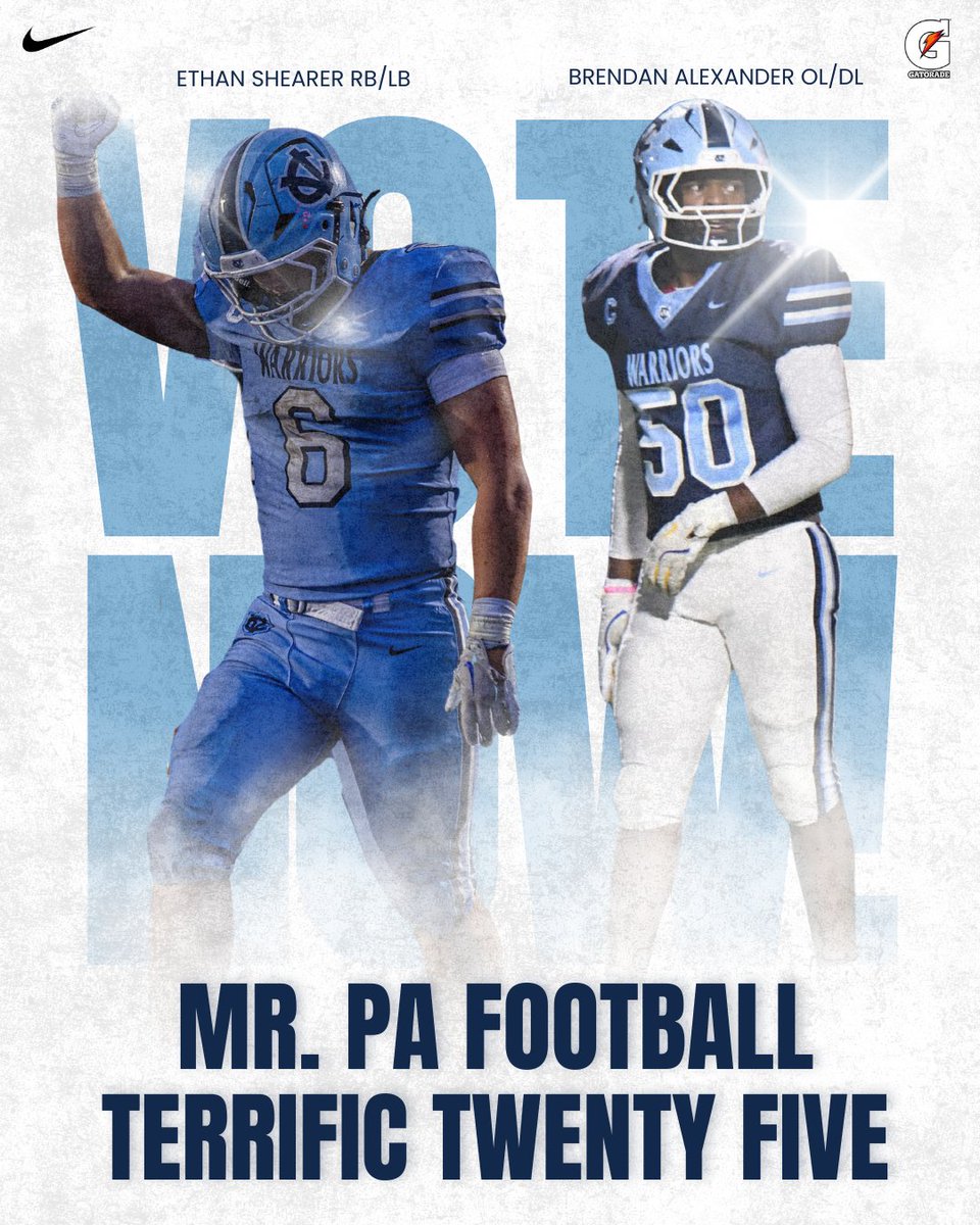 cvqbclub's tweet photo. Warrior Nation, we need your help!

Two of our own, Ethan Shearer and Brendan Alexander, are up for the Mr. PA Football Terrific Twenty Five. Round 2 voting is open now. It only takes a second to support these seniors who have given everything to the Central Valley program.
Vote here: https://t.co/kmzh35K6x7

Ethan Shearer (#6)
Ethan has been a force on both sides of the ball. This season alone, he racked up over 1,300 all-purpose yards and found the end zone 15 times. On defense, he has been a tackling machine with 368 career tackles and 16 sacks.

When he isn't on the turf, Ethan is a key contributor for the Warriors on the basketball court. He brings that same toughness and work ethic to every season.

Brendan Alexander (#50)
Brendan is one of the most dominant linemen in the state. As a four-star recruit with offers from Penn State, Pitt, and West Virginia, he anchored an offensive line that paved the way for over 2,300 rushing yards this year. Defensively, he recorded over 100 tackles this season, a rare feat for a defensive tackle.

Brendan is known as a leader in the locker room and a dedicated student-athlete. He represents the high standards of Central Valley in the classroom and the community.
Let's show the state why we have the best fans in PA. Cast your votes today and share this post.

#CVWarriors #WarriorNation #MrPAFootball @EthanShearer10 @E_Shearer1092 @BrendanAlex50 @warriors_cv @mrpafootball @WPIAL_Insider @TheWPIALEdition @wpialsportsnews @210ths @EthanMorrison26 @ShaneCheckan @Elite_Athletix_ @CoachLyonsCVfb @Mathews_A1 @RoccoMartini23