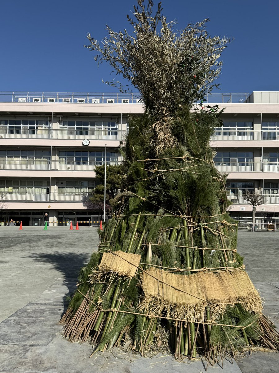 今日は武蔵野市立桜野小学校でどんど焼き。もうすぐで点火です。