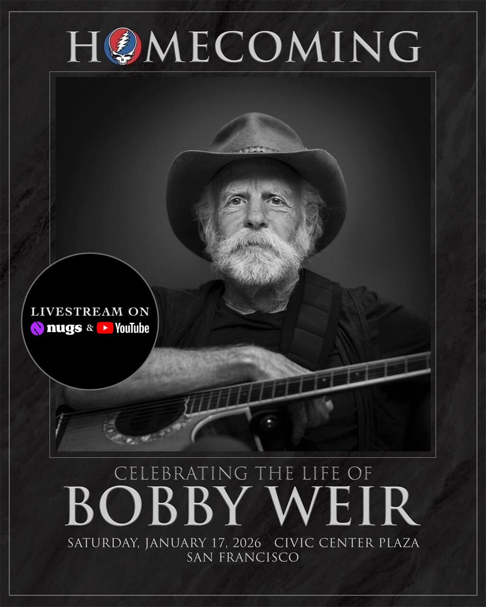 For those unable to gather in San Francisco, join us via livestream for Homecoming: Celebrating the life of Bobby Weir as we gather in honor of Bobby and pay tribute to the community and collective heartbeat that he created. nugs.net/bobbyweir
(1/2)