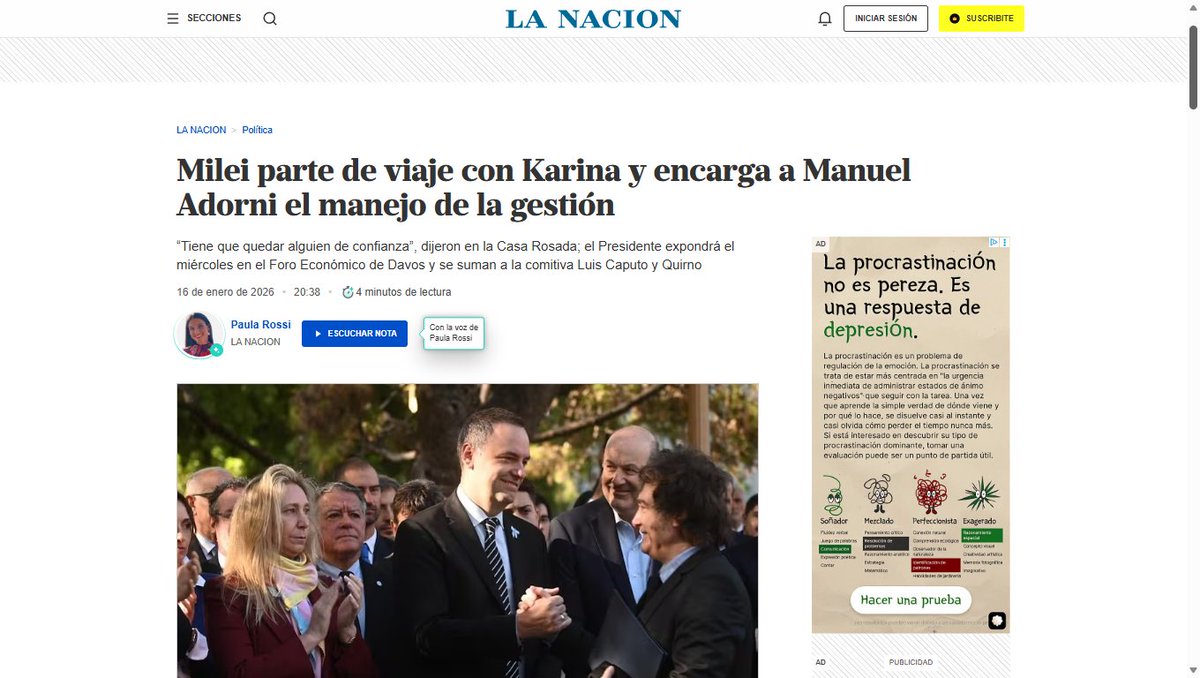 A partir de la semana que viene, con motivo del viaje de la pareja presidencial al Foro de Davos, el presidente en funciones va a ser Manuel Adorni... lo que comenzó como un chiste hace un par de años atrás en tuiter ahora, gracias a que los medios y la oposición no dicen una