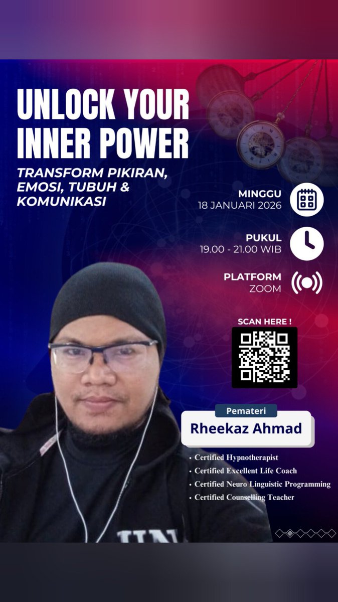 Aku akan mengadakan webinar diskusi tentang pengelolaan pikiran, emosi, dan fokus secara praktis.

📅 18 Januari 2026
⏰ 19.00–21.00 WIB
📍 Zoom

CP : 
wa.me/+6282166669990

#MentalHealth #SelfGrowth #mentalhealthtips #MentalHealthAwareness #Healing #Hypnotherapy #selfhelp