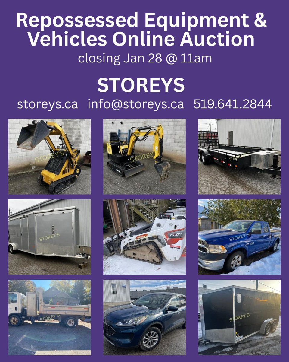 2026 Restaurant Equip. Banger &amp; Repo'd Equip &amp; Vehicles Online Auction

Link: storeys.hibid.com/catalog/702376…

 When: Wed Jan 28, 2026 @ 11am
Location: 530 First St, London ON
Preview: Tues Jan 27 from 9am - 4pm
Removal: Thurs Jan 29 from 9am - 5pm
&amp; Fri Jan 30 from 9am - 5pm