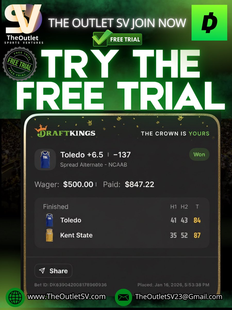 DeltaPropz's tweet image. #Gambling𝕏 Cash it! ✅ Toledo +6.5 was a sweat-free winner tonight. 💰

🏆 The premium plays are on an absolute tear right now. Don't miss out on the next heater‼️

🎁 Get FULL ACCESS for your first month for just $10 🤯

🔗 Join here: dubclub.win/r/p/pri-4rwbf/…
🎟️ Use Code: BET