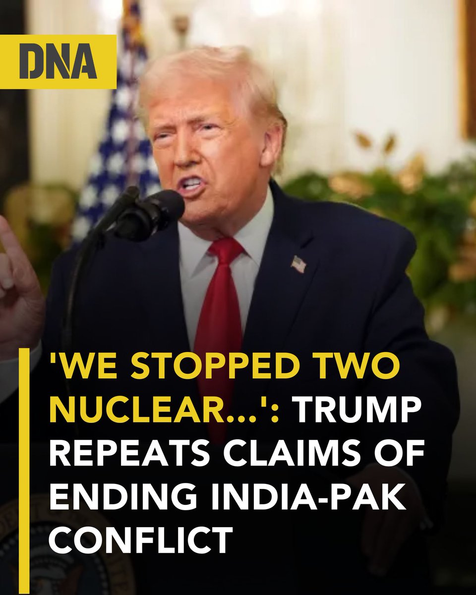 dna's tweet image. United States President Donald Trump reiterated his claim of having stopped a war between India and Pakistan, while also saying that Pakistan PM #ShehbazSharif thanked him for saving at least 10 million lives.

#DNAUpdates | #IndiaPakistan | #DonaldTrump