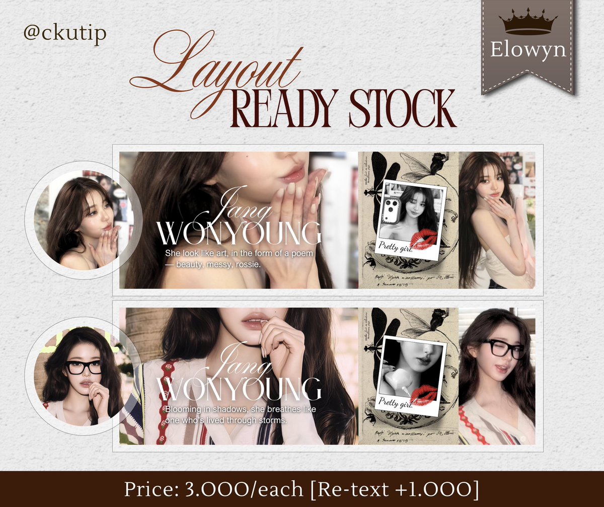 wmoked's tweet image. — ★🦢🫧 #zonauang 

Hi! Chuu bawa Special Elowyn Layout ready stock chara Wonyoung IVE dengan harga Rp, 3.OOO/each get ava jpg + png ꒰ retext +Rp, 1.OOO ꒱

📨 🪄 ݁ ˖ bisa DM @wmoked atau wa.me/+6282141063080 atau t.me/puutik