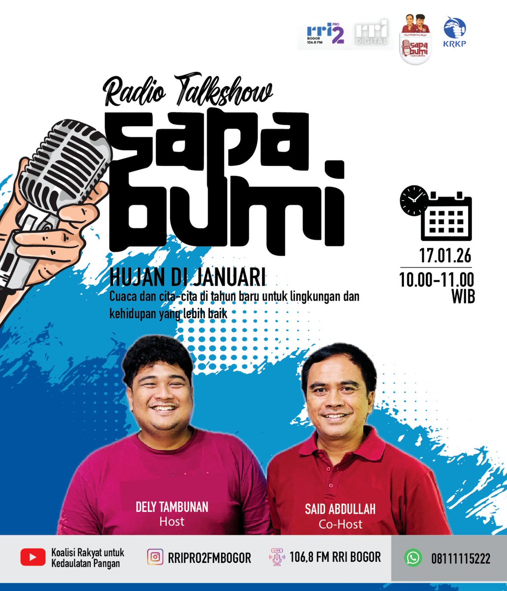Aksi Kita Sapa Bumi: Hujan di Januari

Hujan boleh turun, tapi harapan harus tetap tumbuh 🌱

Jangan lewatkan Radio Talkshow Sapa Bumi edisi Hujan di Januari — ngobrol soal cuaca, lingkungan, dan cita-cita di awal tahun baru.

🗓️ 17.01.26 | ⏰ 10.00–11.00 WIB

Hanya di Pro2 RRI