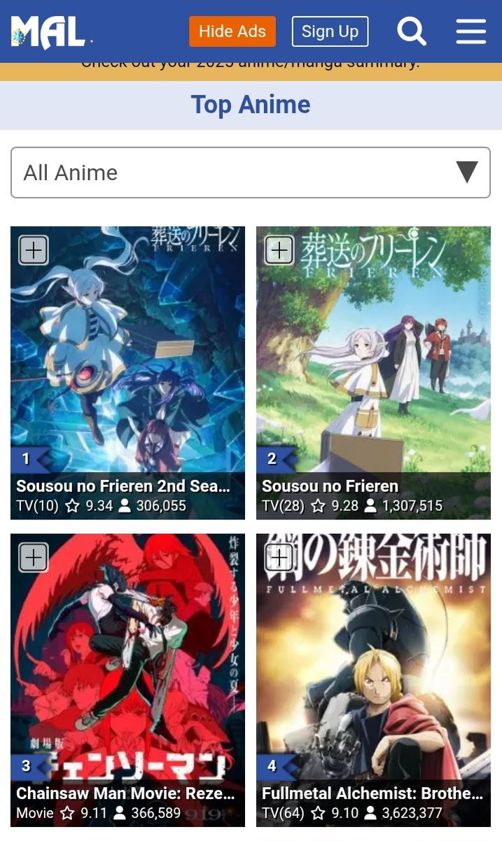 weeb_ams's tweet image. People who were upset at frieren s1 being at the top of myanimelist for so long can finally relax cause it's no longer at the top now. 😭😭😭