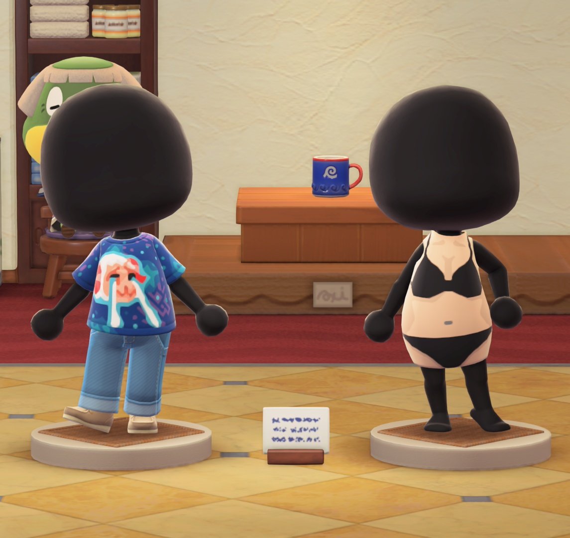 riranomori's tweet image. ほんの出来心でマネキンに着せたら観光客たちが･･･😳😂
(ちゃちゃビーム服マイデザお借りしてます✨)

#あつ森 #あつまれどうぶつの森 #AnimalCrossing #NintendoSwitch #ACNH