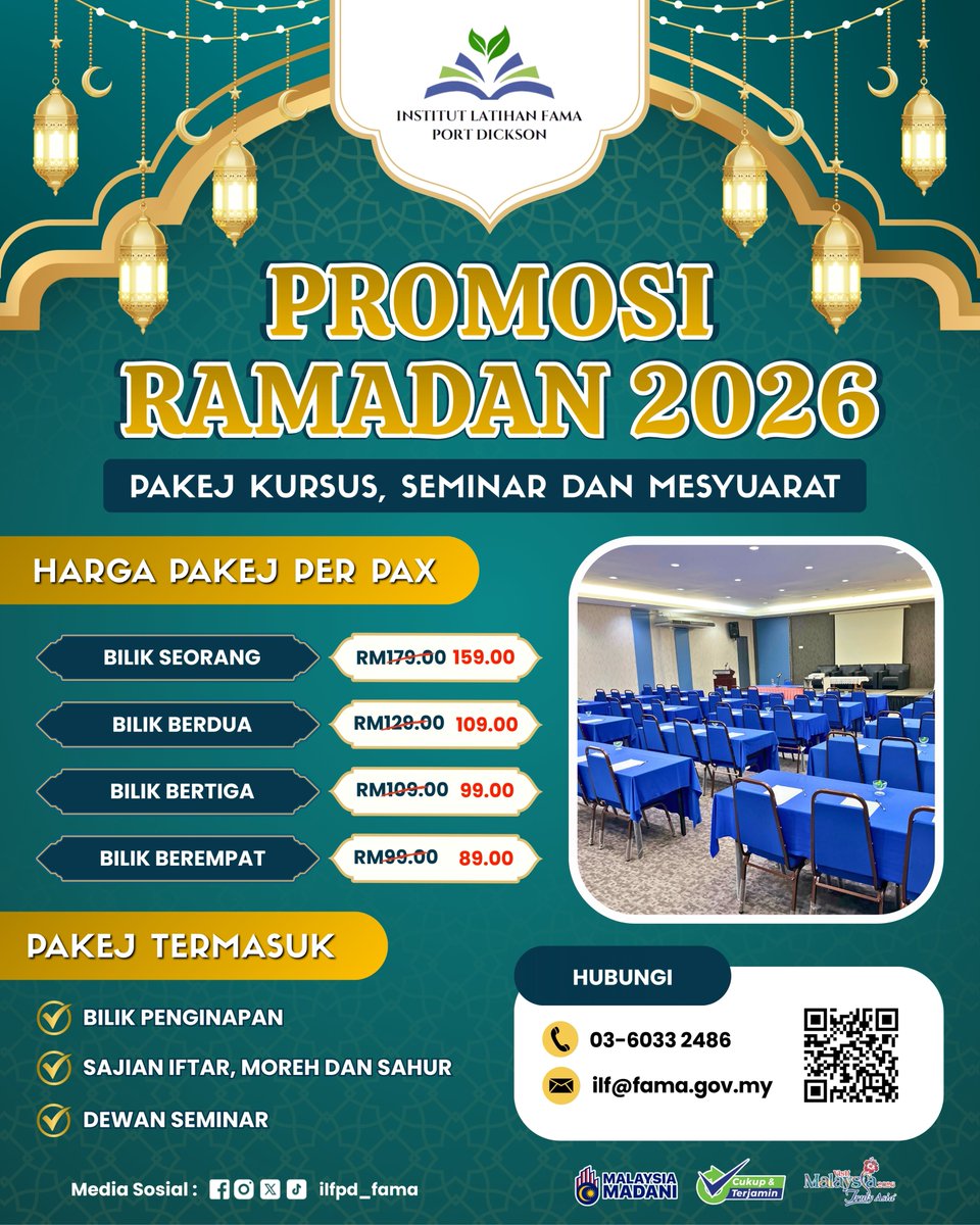 𝐏𝐑𝐎𝐌𝐎𝐒𝐈 𝐑𝐀𝐌𝐀𝐃𝐀𝐍 𝟐𝟎𝟐𝟔 📷

#PromosiRamadan2026 #ILFPD #AgensiKerajaan
#KursusRamadan #SeminarRamadan #MesyuaratRamadan
#PortDickson #PakejRamadan #institutlatihanawam
#famadihatirakyat #famamalaysia #KPKMMalaysia #MalaysiaMadani