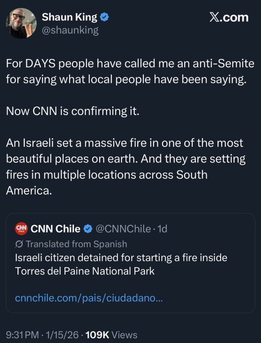The fake narrative: "ZIONISTS set a massive fire to STEAL LAND from Chile."

The reality: An Israeli tourist was detained for lighting a cigarette in a national park. There’s no evidence of any coordinated "Israelis setting fires across South America."