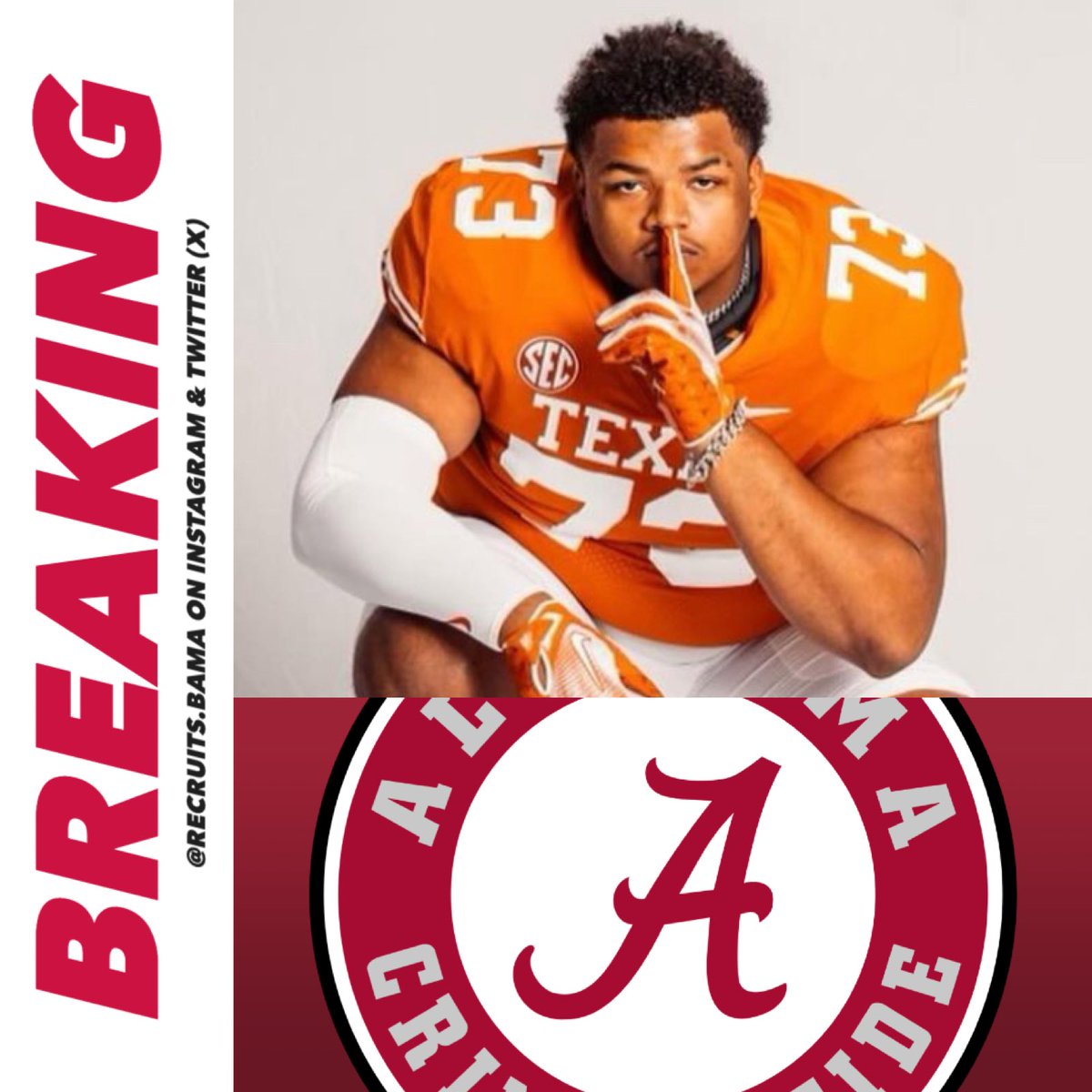 RecruitsBama's tweet image. 𝗕𝗥𝗘𝗔𝗞𝗜𝗡𝗚: Texas transfer OL Nick Brooks has COMMITTED to Alabama! 🐘

The 6’7 350 OL appeared in five games (started three) this season for the Longhorns

Brooks is ranked No. 132 Nationally and is the No. 6 IOL in the Transfer Portal