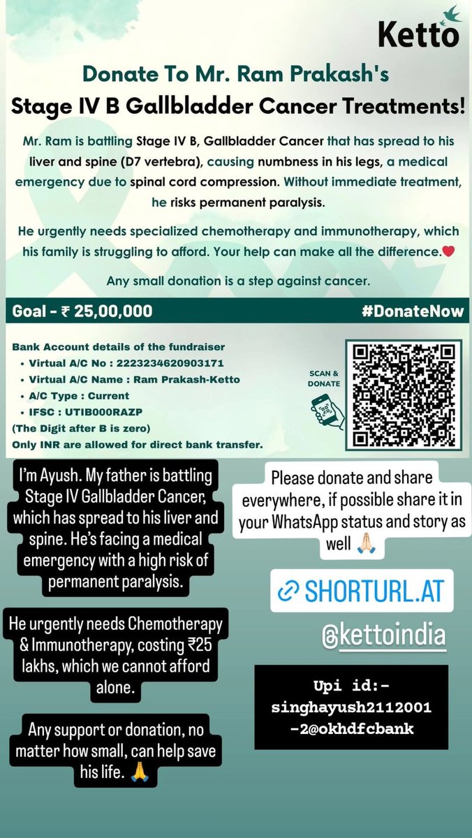 Ayushsingh79573's tweet image. My father is battling Stage IV Gallbladder Cancer with a high risk of paralysis. 
Any support can help save his life 🙏
Donate: shorturl.at/6Mc5j
@akshaykumar @SonuSood @imVkohli @FoundationSonu @rameshbidhuri @gupta_rekha @narendramodi @BJP4India @MoHFW_INDIA #help #Donate