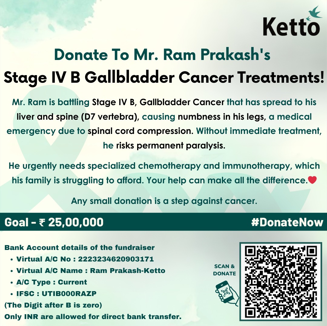 Ayushsingh79573's tweet image. My father is battling Stage IV Gallbladder Cancer with a high risk of paralysis. 
Any support can help save his life 🙏
Donate: shorturl.at/6Mc5j
@akshaykumar @SonuSood @imVkohli @FoundationSonu @rameshbidhuri @gupta_rekha @narendramodi @BJP4India @MoHFW_INDIA #help #Donate