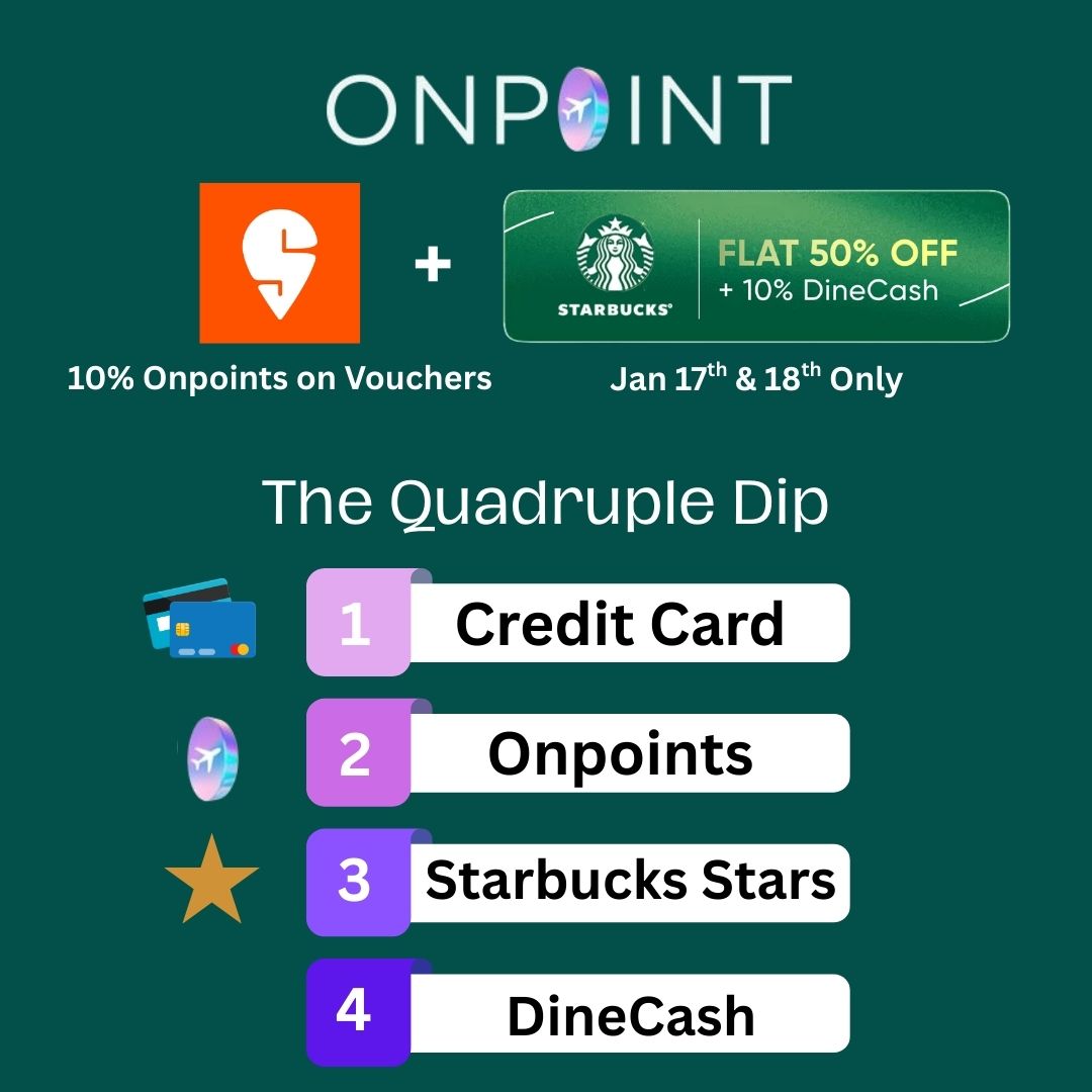 Quadruple Dip and make the most of the FLAT 50% OFF discount at <a href="/StarbucksIndia/">Starbucks India</a> with <a href="/Swiggy/">Swiggy</a> 

Get Swiggy Vouchers and earn 10% Onpoints, valid for a limited time only and monthly limits apply.

Download the Onpoint 📲App here: qrco.de/bgLpip