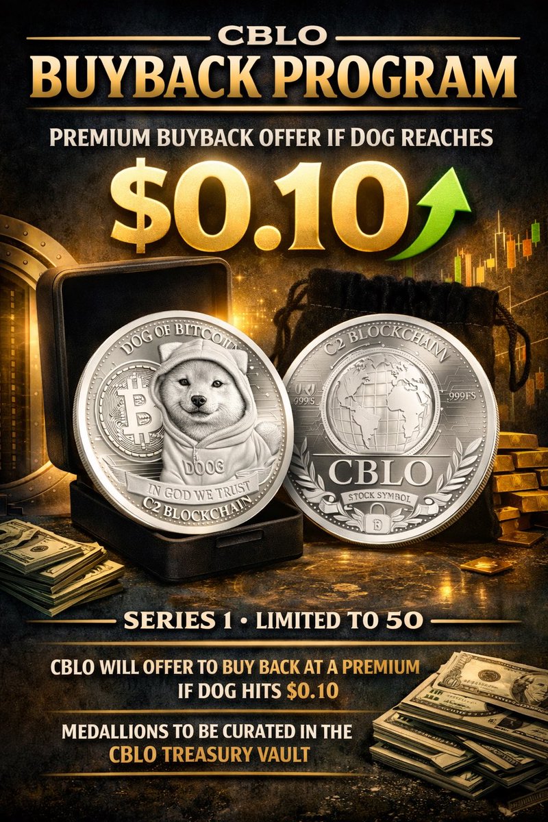 C2Blockchain's tweet image. The buyback exists because we believe $DOG has real upside. If $DOG hits $0.10, $CBLO will offer to buy back Series I medallions at a premium and vault them as early $DOG artifacts.

Collectors want provenance. $DOG wants culture. We’re connecting the two.

There are only 39…
