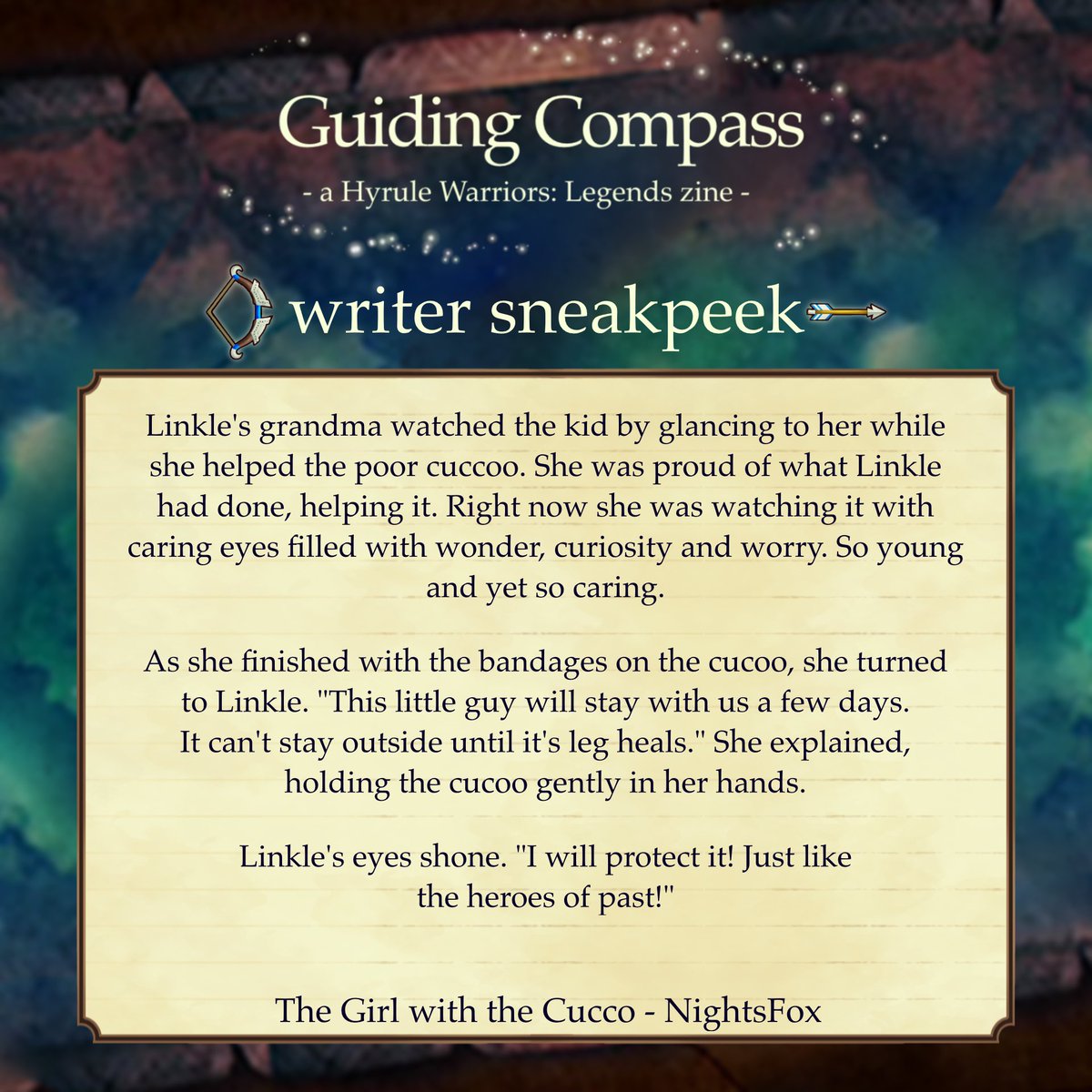 🧭CONTRIBUTOR PREVIEW🧭

From @/nights-flying-fox on Tumblr is an exciting new legendary tale, once just stories told by a little girl to her cucco friends to an adventurer on the road who discovers her own legacy. 

Look forward to the zine release on the 21st of January!
