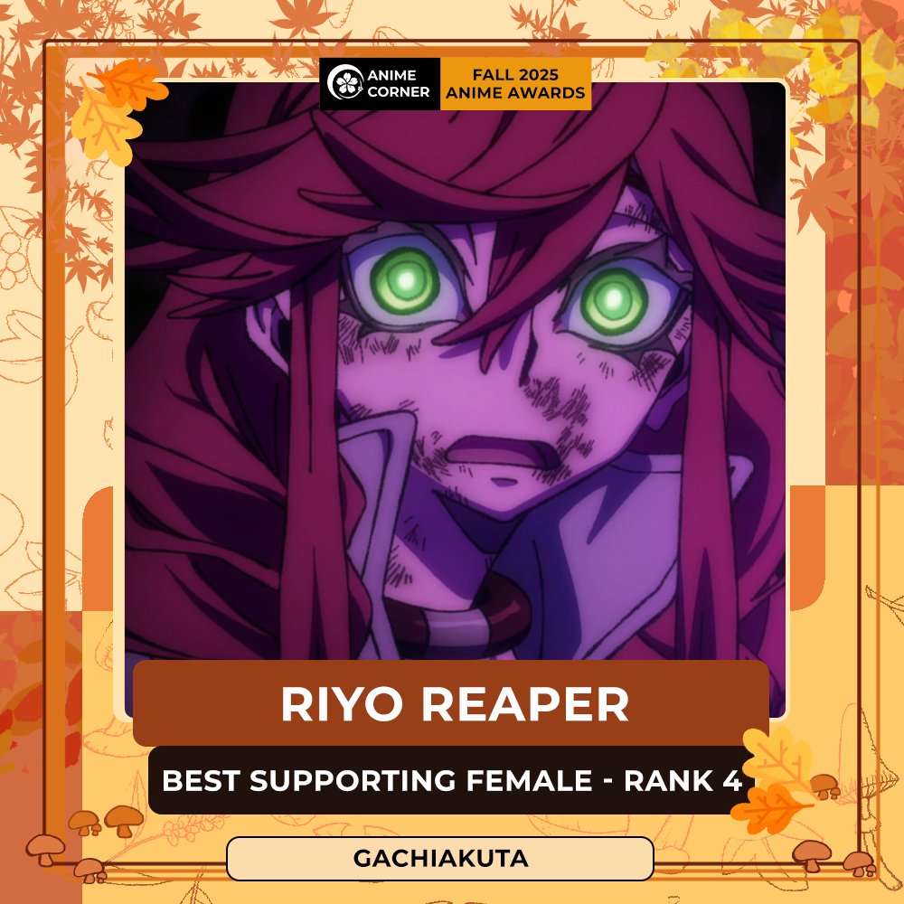 animecorner_ac's tweet image. 🍂 Fall 2025 Anime Awards🍂
Best Supporting Female Character
Rank 4: Riyo Reaper

Anime: Gachiakuta