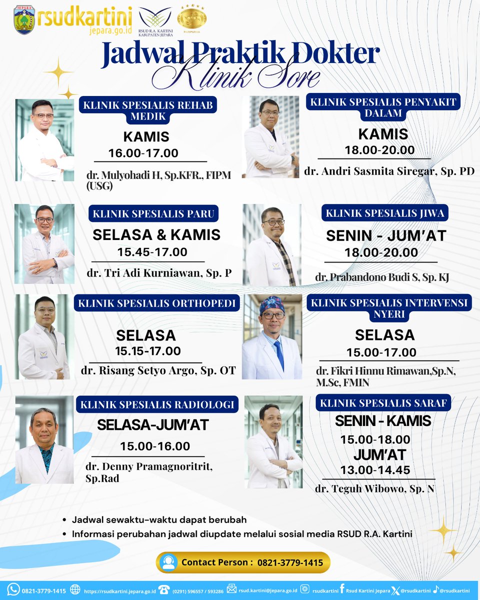 Jadwal Praktik Klinik Sore terbaru di RSUD R.A Kartini Jepara Tahun 2026.

#RSUDRAKartiniJepara 
#MitraAndaMenjadiSehat 
#pemasaran_humasrsudkartinijepara
