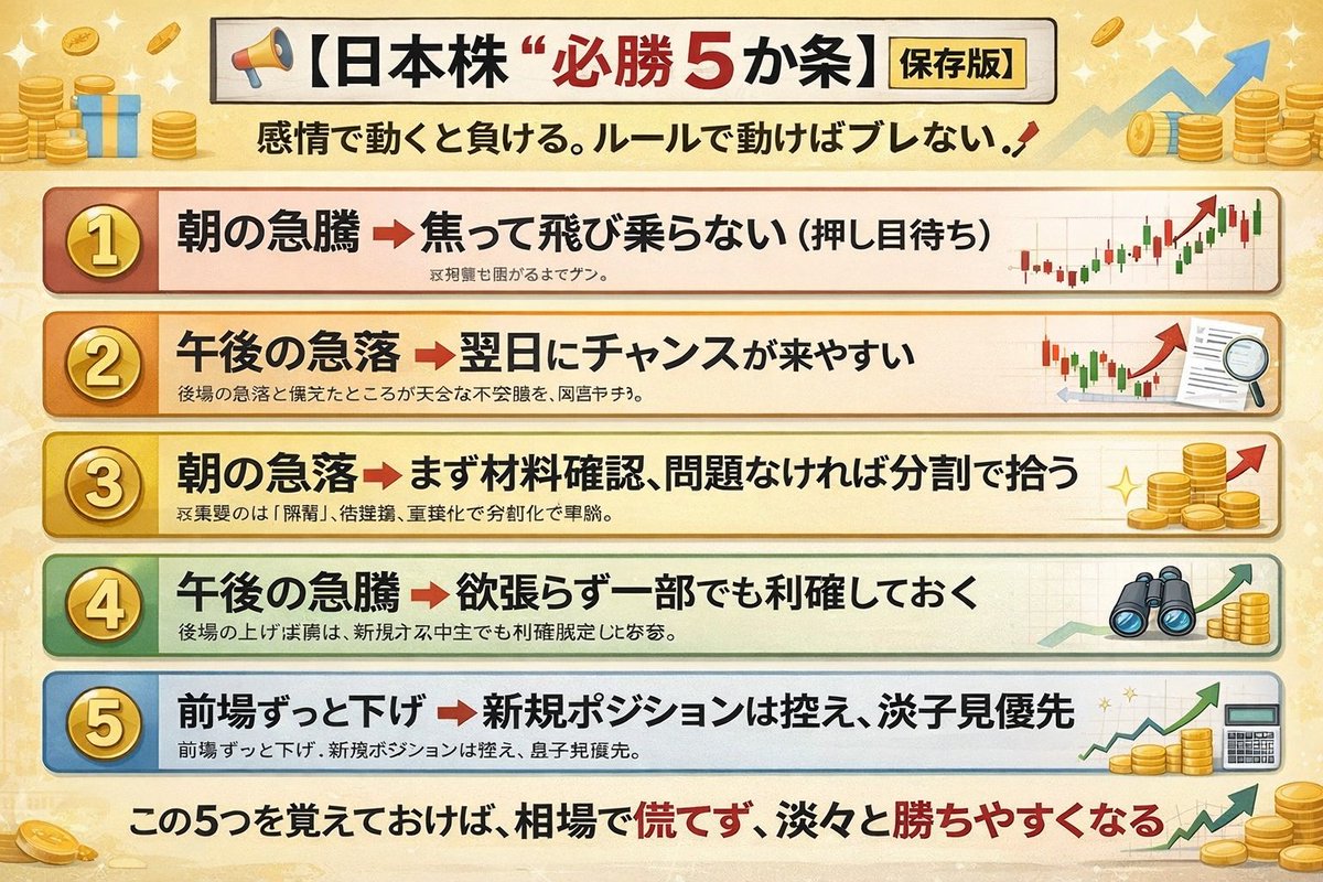 Amivxcrane's tweet photo. 【日本株 “必勝5か条”】【保存版】📌
感情で動くと負ける。ルールで動けばブレない。
この5つを覚えておけば、相場で慌てず、淡々と勝ちやすくなる。📈 https://t.co/XqkpcfUfV7