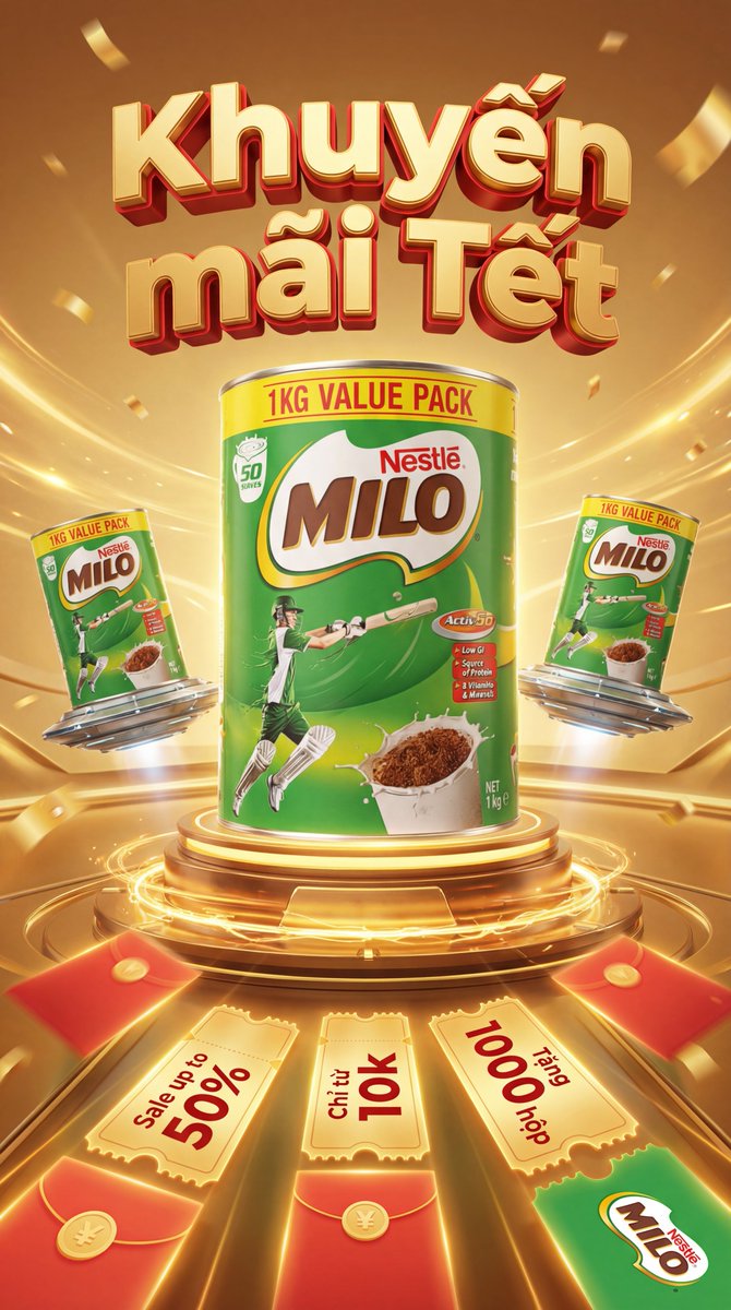 YaoHuynh's tweet image. Day 10/∞ — Daily AI Banner | Commercial Challenge 🟢
#NestléMILO
From promotion mechanic → high-impact key visual.
Golden stage, strong hero product, clear Tết incentive for FMCG &amp;amp; retail campaigns.
Drop a brand or product for Day 11 👇
#AIDesign #KeyVisual #FMCGAds