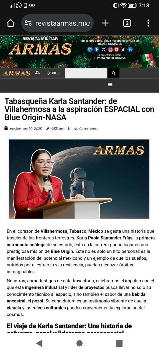 Deseo expresar mi más profundo agradecimiento a la Revista Militar Armas  por el honor de compartir mi historia y trayectoria científica internacional en sus páginas. Su interés en destacar el esfuerzo, la disciplina y la pasión que impulsa a los mexicanos #seraspace