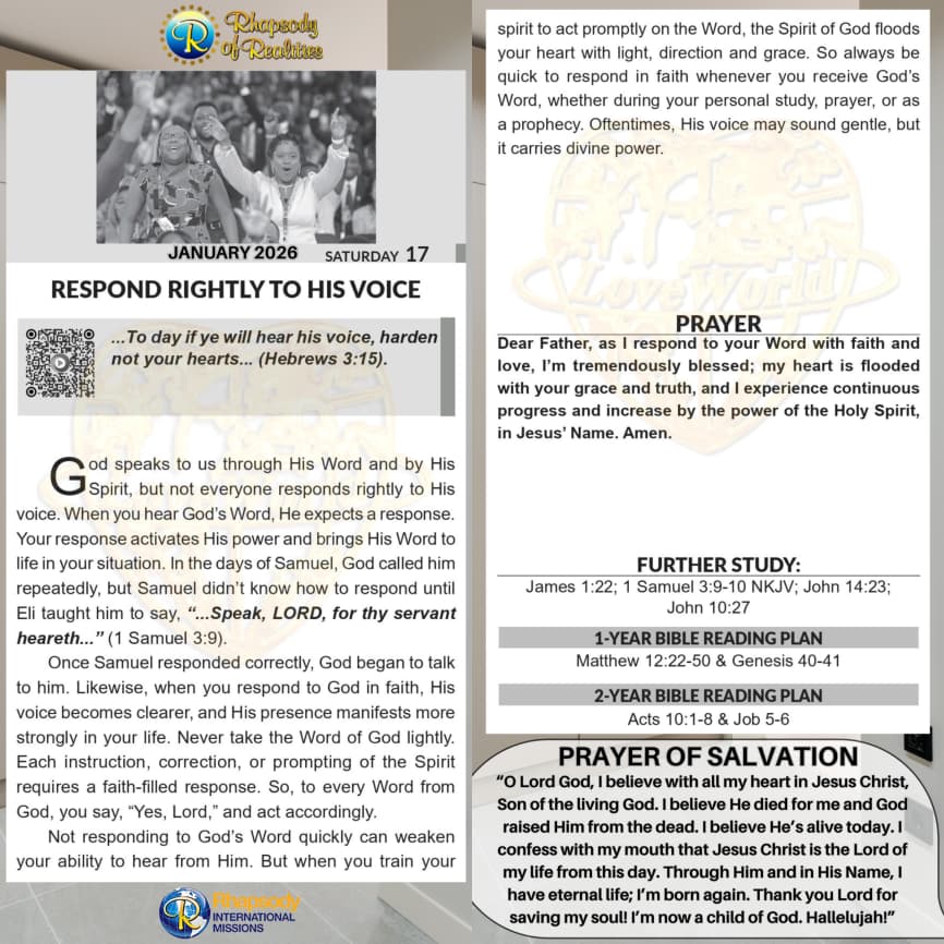 When God speaks to you through His Word or Spirit, respond promptly in faith -say “Yes, Lord” and act on it.  
Quick, faith-filled response activates His power, makes His voice clearer, and brings more of His presence into your life.  
Always be quick to respond.

#RespondRightly
