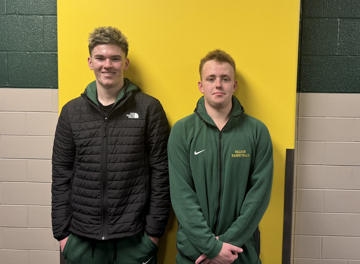 JoeNarmi's tweet photo. Th Class 1A #10 St. Albert Falcons beat the Red Oak Tigers, 56-44.  The KMA POGs were (L-R): Cooper Hamilton (25pts) and Noah Narmi (15pts).  The Tigers were led by AJ Beeson and Reese Montgomery, who has 11pts a piece.  #kmasports https://t.co/jmLyTbetM1