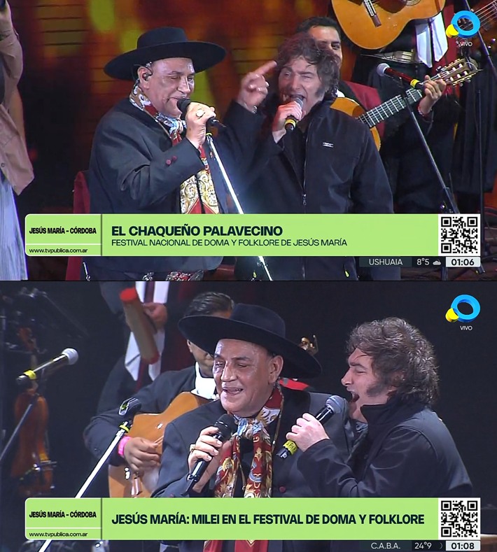 miguela81281534's tweet image. hace unos minutos, Javier Milei cantó junto a el "Chaqueño Palavecino" la canción "Amor salvaje", en el "festival de Jesús María 2026", en la "TV Pública". creo es la primera vez que un Presidente canta en el escenario de #JesusMaria o #JesusMaria2026. jamás Lo imaginé #TVPublica