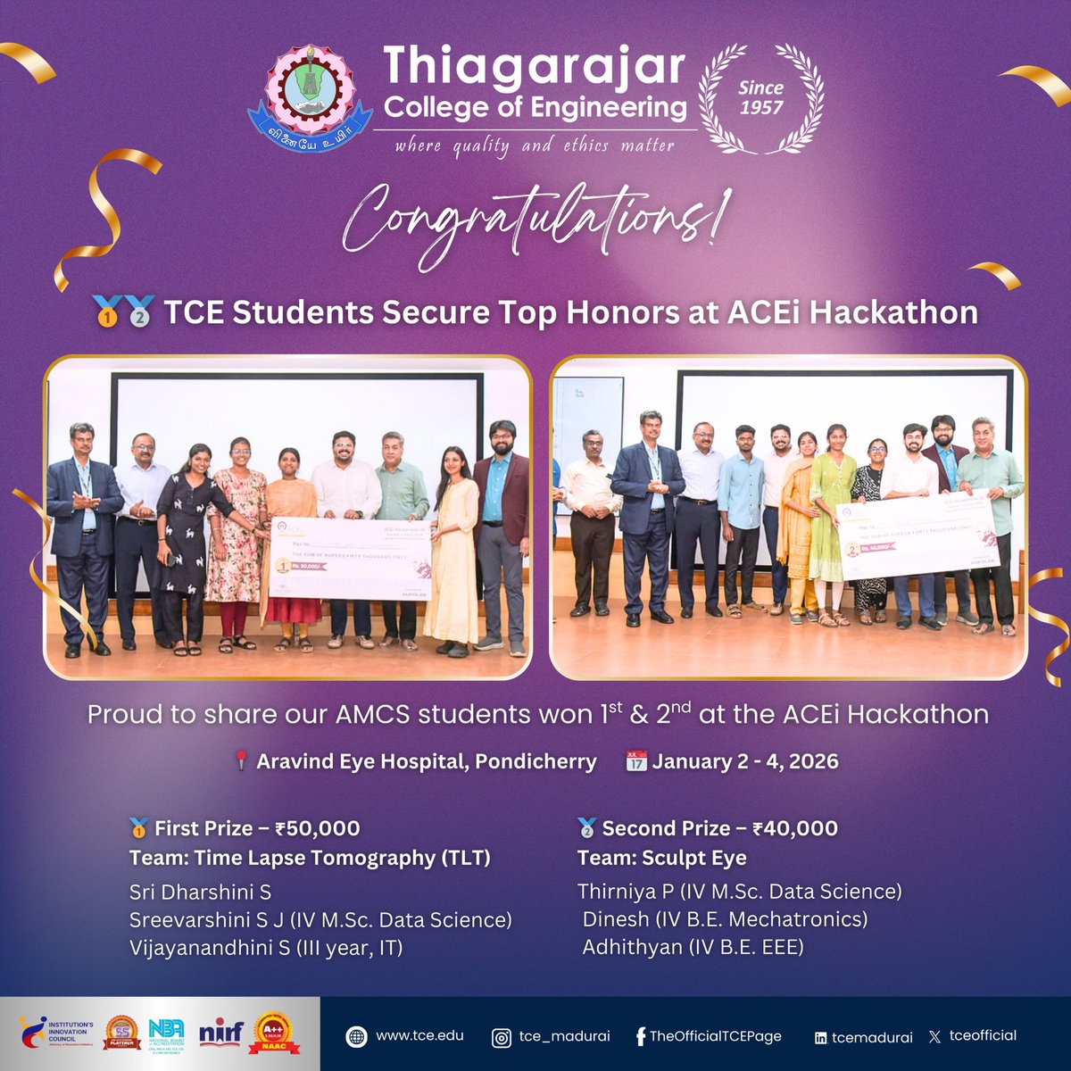 tceofficialpage's tweet photo. ๐ Proud moment for AMCS, TCE!
Our students won 1st Prize โน50K (Team Time Lapse Tomography) and 2nd Prize โน40K (Team Sculpt Eye) at the ACEi Hackathon, Aravind Eye Hospital, Pondicherry (Jan 2โ4). ๐๐
#TCE #AMCS #HackathonWinners #StudentAchievement https://t.co/MELLDgQlGI