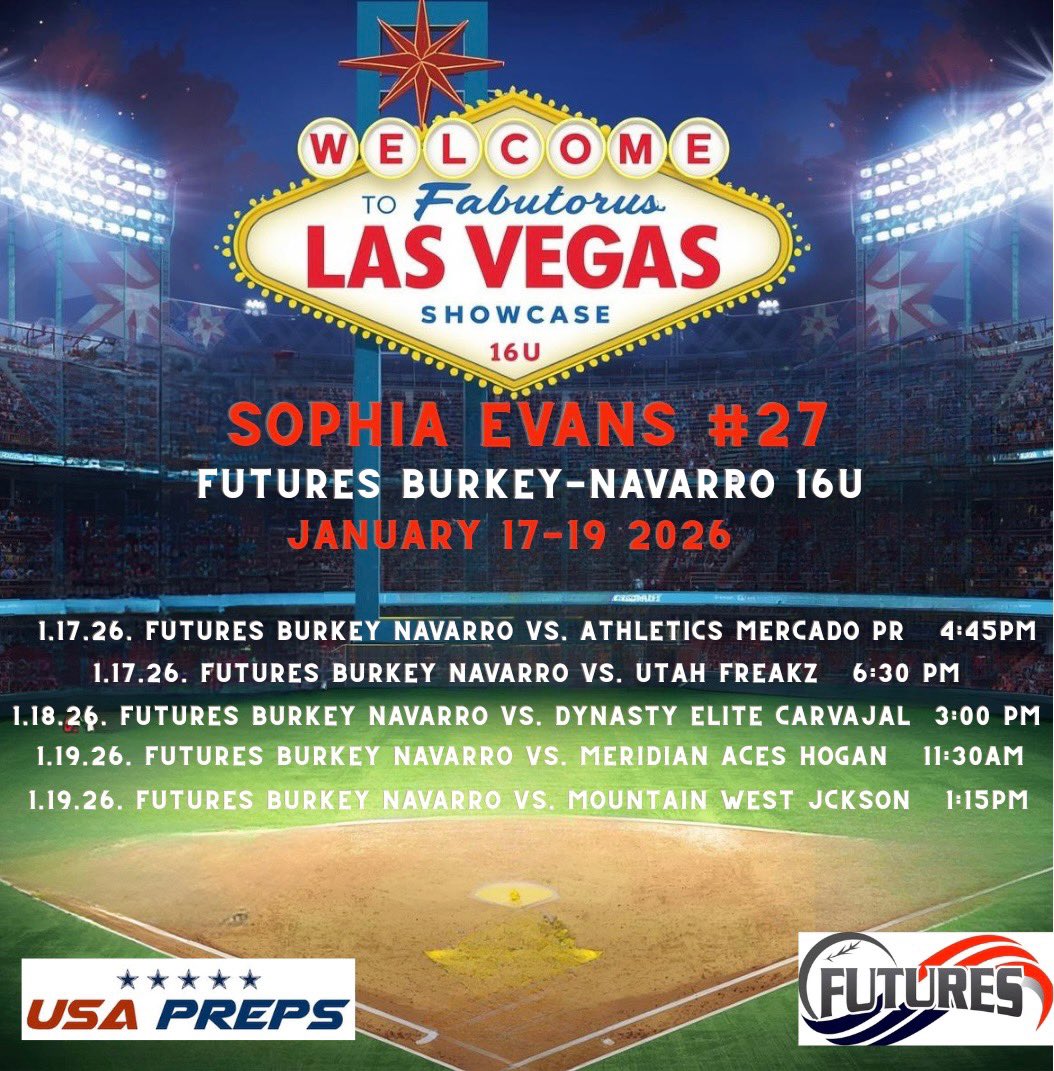 SophiaEvans2029's tweet image. Schedule for this weekends USA Preps Showcase in Las Vegas!🚨 Can’t wait to show my skills! 
#2029 #Catcher #Utility #2base