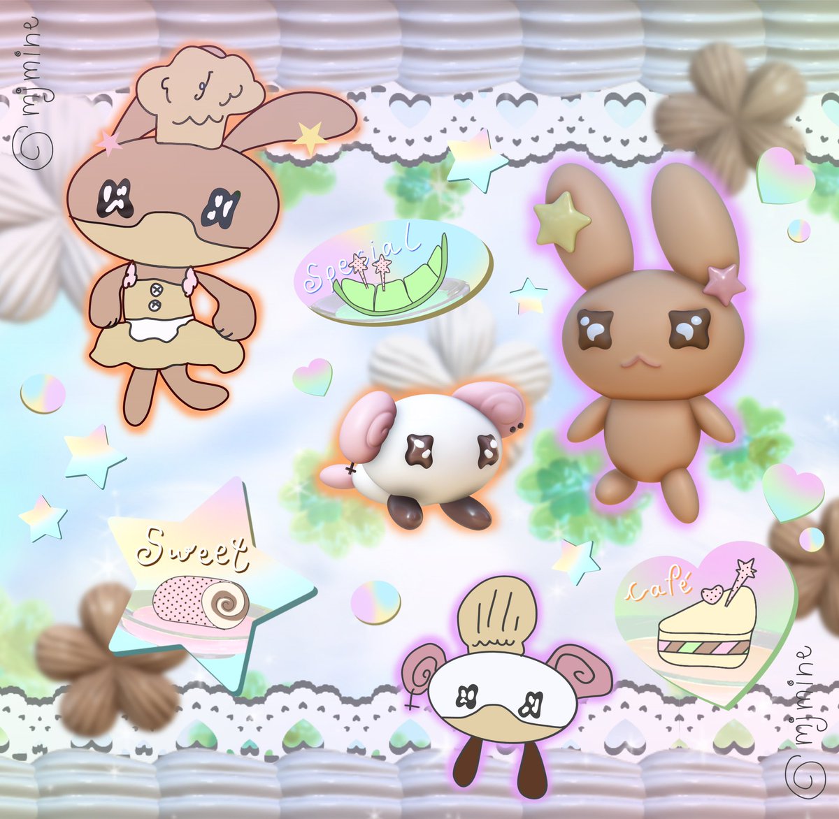 คิดถึงคาร์แรคเตอร์นี้อ่ะ อยากกลับไปทำ 
- แกลแกล กระต่ายสีน้ำตาลหูทั้ง2ด้านจะหันไปทางเดียวกัน 
-ป๊อบเบอร์รี่ กระต่ายสีขาว หูชมพูม้วนแอ๊บเป็นหมี(?)