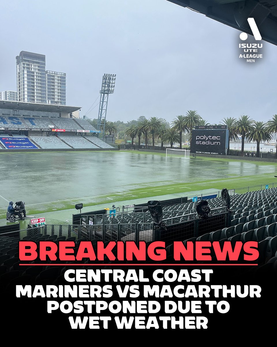 aleaguemen's tweet image. Today's scheduled match between Central Coast Mariners and Macarthur FC has been postponed until further notice due to torrential rain.

READ MORE: aleagues.com.au/news/central-c…
