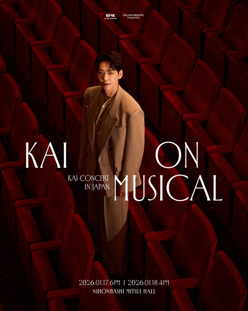 kmusicalpia's tweet photo. 🎟️当日券販売のお知らせ🎟️
『#KAI ON MUSICAL』
～KAI CONCERT IN JAPAN~ 

素敵な歌声を皆さまにお届けします🎤
公演をお楽しみに✨

1月17日 開場17:00 開演 18:00
時間: 開場時間～
場所: 日本橋三井ホール チケットブース
価格: ¥12,500(税込)
※別途ドリンク代(600円)

#카이 #真彩希帆
#韓国ミュージカル
#KAI_ON_MUSICAL