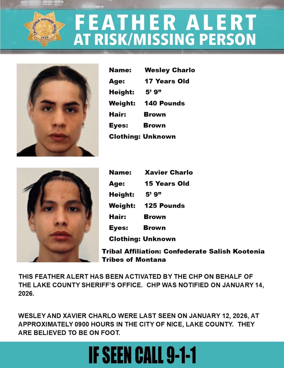 TheMendoVoice's tweet image. 🚨 Still missing: A Feather Alert remains in effect for two teens last seen in Lake County. They may be on foot and could be in Mendocino County. 

mendovoice.com/2026/01/feathe… 

#featheralert #mendocinocounty #mendocino #lakecounty #indiancountry