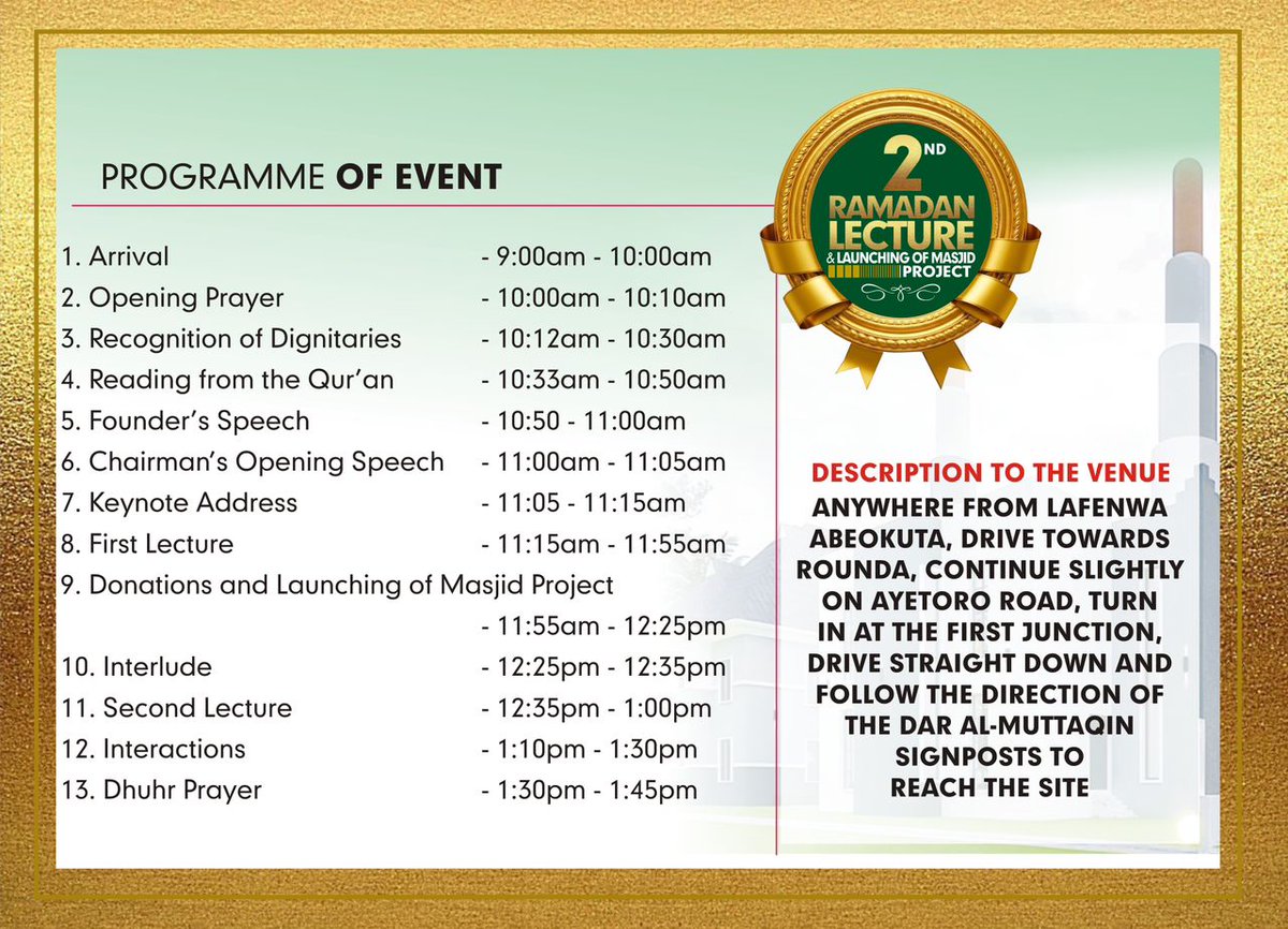 IdrisAOni1's tweet image. Please, join us at Dār al-Muttaqīn Foundation for our Second Ramadan Lecture. Kindly repost 🙏 BārakaLlāhu fīkum. Āmīn.

For our Brochure, we would give a few pages for advertisement. Interested parties should please get in touch with me directly via +2348022039083 (Whatsapp) or…