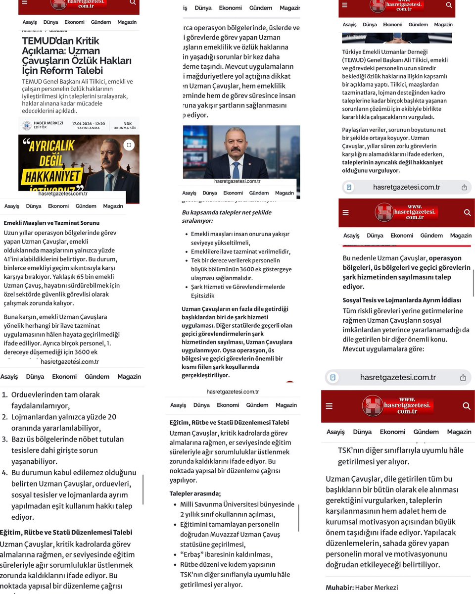 TEMUD’dan Kritik Açıklama
Uzman Çavuşlarımızın özlük haklarının iyileştirilmesine yönelik reform taleplerimizi kamuoyuyla paylaşan Hasret Gazetesi’ne ve değerli editörü Kübra Nur Daban’a, Uzman Çavuş camiamız adına teşekkür ediyorum.
Haklarımız alınana kadar mücadelemiz