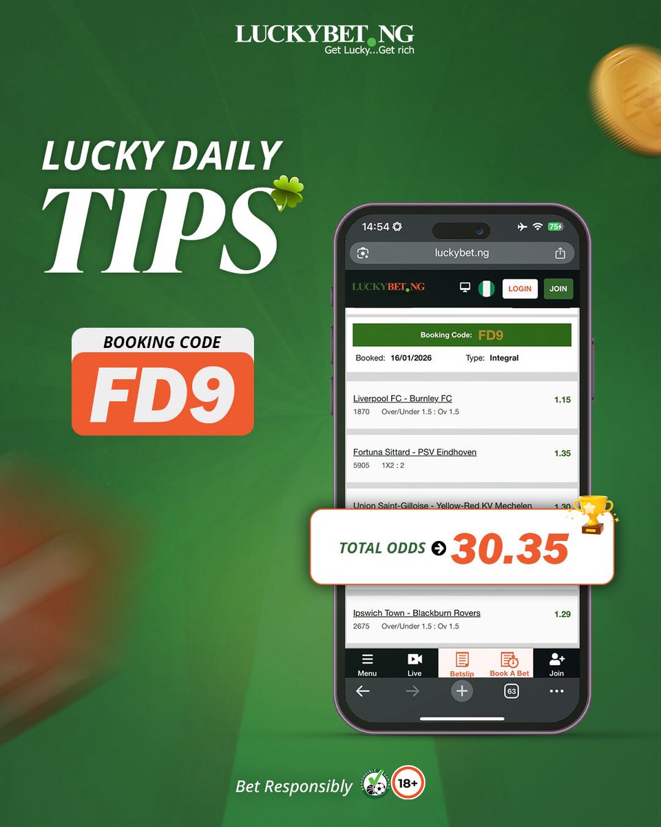luckybet_NG's tweet image. Today’s Lucky Daily Tips are LIVE! 🔥⚽
Use the code, place your bets and enjoy the action.
Play smart and bet responsibly with LuckyBet NG.

🔞 18+ | Bet Responsibyl 

#betting #luckybetng #weekendbetting
