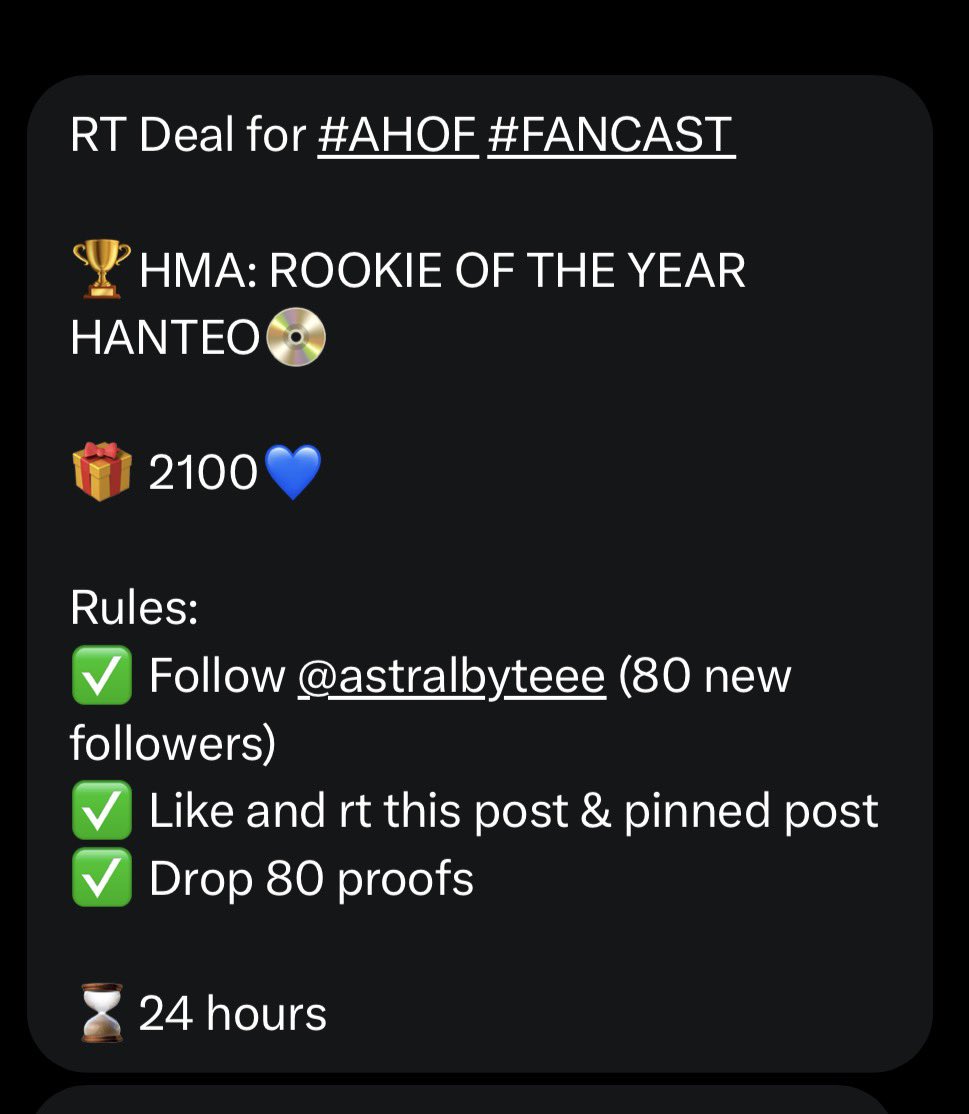 xye29's tweet photo. RT Deal for #AHOF #FANCAST

🏆HMA: ROOKIE OF THE YEAR HANTEO📀

🎁 2100💙

Rules:
✅ Follow @astralbyteee (80 new followers)
✅ Like and rt this post &amp; pinned post 
✅ Drop 80 proofs

⌛24 hours https://t.co/dMBhsljNyY