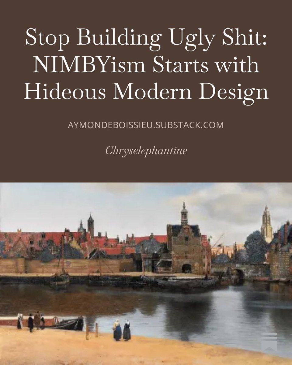 Pourquoi le NIMBYisme triomphe en Europe ? Parce que l’architecture moderne, déconnectée du contexte et du goût public, suscite un rejet légitime. Retrouver la beauté, l’harmonie et le dialogue avec les habitants pour retrouver la vitalité de nos villes.
aymondeboissieu.substack.com/p/stop-buildin…