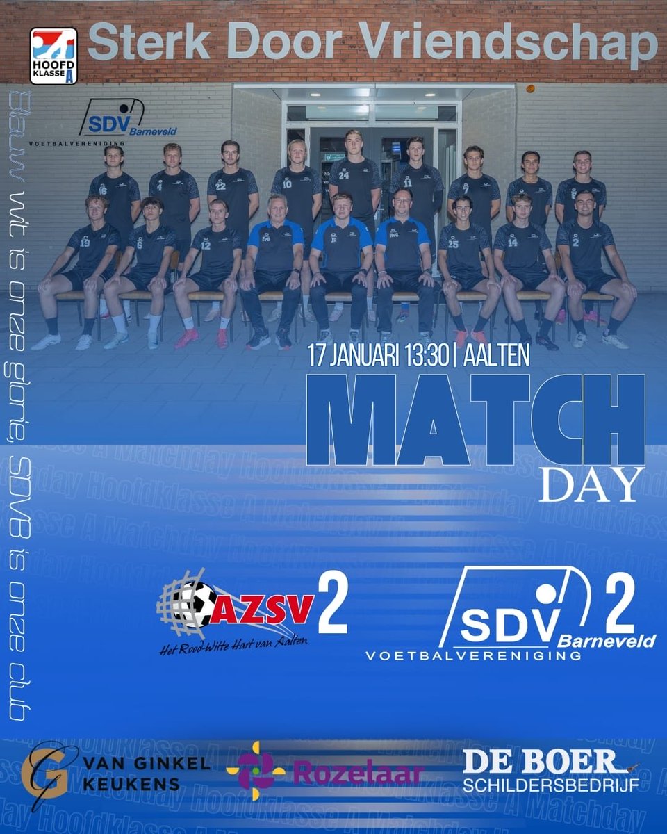 MATCHDAY!
⚽️ <a href="/AZSV_Aalten/">AZSV-Aalten</a> - <a href="/SDVBarneveld/">SDVBarneveld</a>
🗓 17 Januari 2026
🏆 Reserve Hoofdklasse 
🎬 12e ronde
🕒 13:30 uur
🏟 sportpark Villekamp
📍Barneveld 
Tot vanmiddag 💙🤍
💪🏼🚪🫱🏼‍🫲🏻🐔