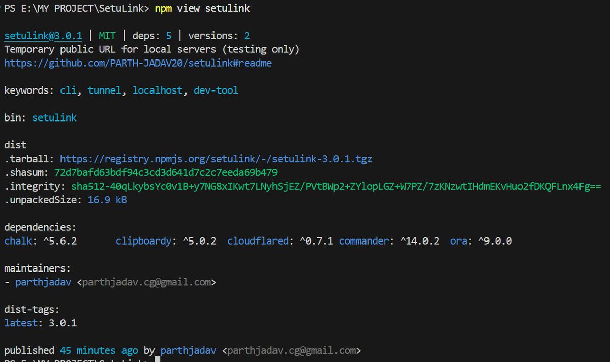 Parthjadav_2004's tweet photo. 🚀 Shipped my first npm package: setulink 🌉
A Node.js CLI that securely exposes local servers using Cloudflare Tunnel.
No port forwarding, no warning pages—just clean public URLs.
Built to handle real Vite &amp; backend dev workflows. https://t.co/UMlPvt1IBJ