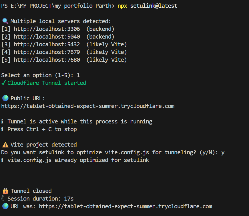 Parthjadav_2004's tweet photo. 🚀 Shipped my first npm package: setulink 🌉
A Node.js CLI that securely exposes local servers using Cloudflare Tunnel.
No port forwarding, no warning pages—just clean public URLs.
Built to handle real Vite &amp; backend dev workflows. https://t.co/UMlPvt1IBJ