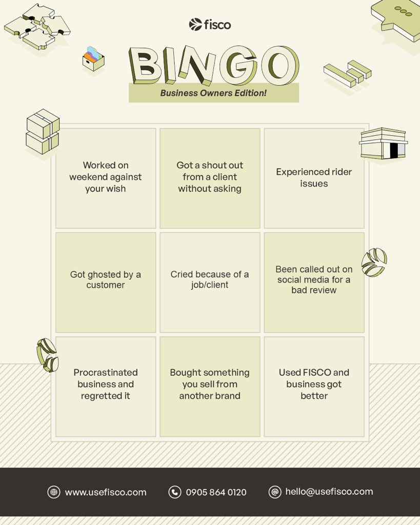 Business Owners Bingo

Some wins, some lessons, some “why did I start this?” moments.
How many boxes are you ticking?

With Fisco, some parts of running a business can be simpler.
Fisco, Your business padi.

#usefisco #bingo #business