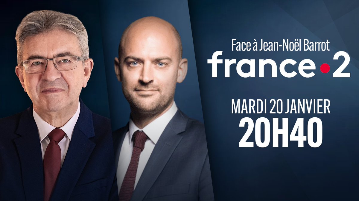 JLMelenchon's tweet image. 🔴 Ce mardi 20 janvier, rendez-vous à 20h40 sur France 2 pour un débat avec Jean-Noël Barrot sur l'actualité internationale.