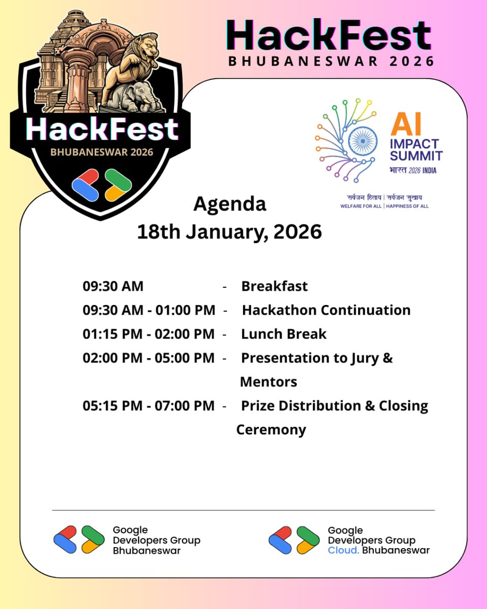 🌟HackFest Bhubaneswar 2026  Agenda Announced

 From inspiring sessions and expert mentorship to focused hacking and final showcases, every phase was designed to help ideas grow into meaningful solutions.