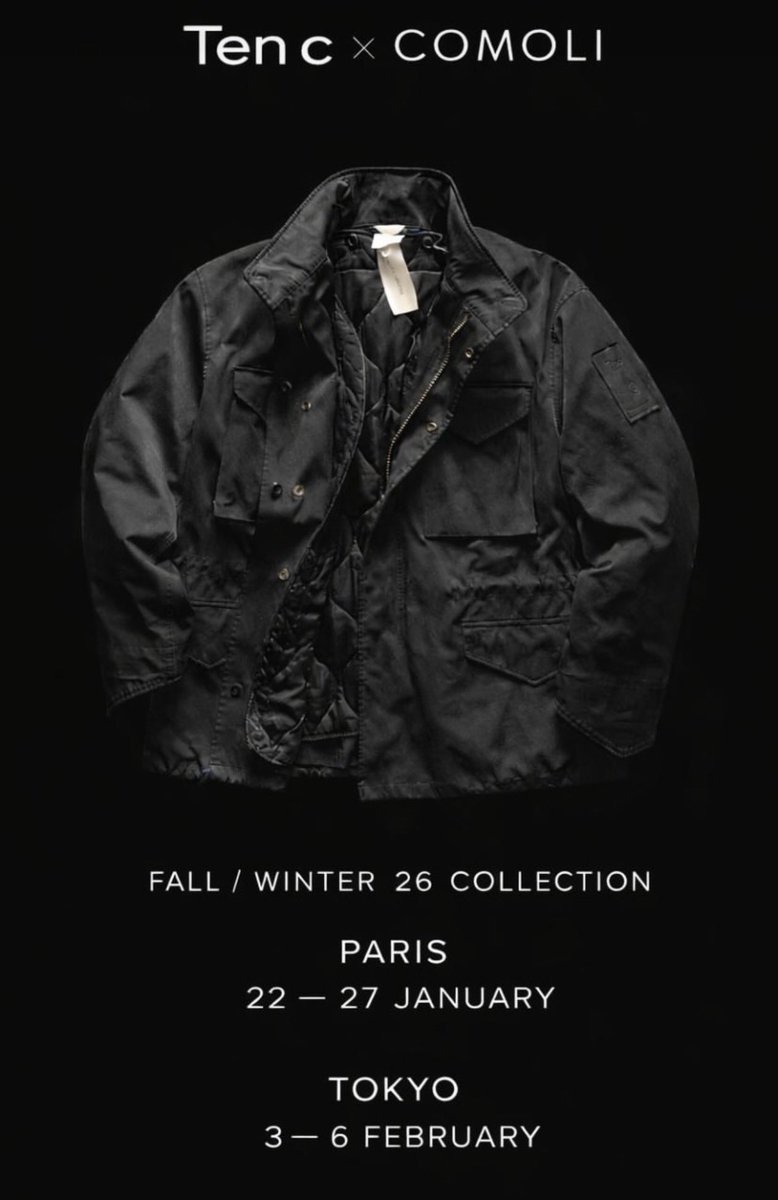 jingooooo1's tweet image. コモリとイタリアのブランド・Ten c（テンシー）がコラボ。

26FWなので少し先だけれども、パリが1/22-1/27、東京が2/3-2/7というこのスケジュールはなんだ？

#COMOLI