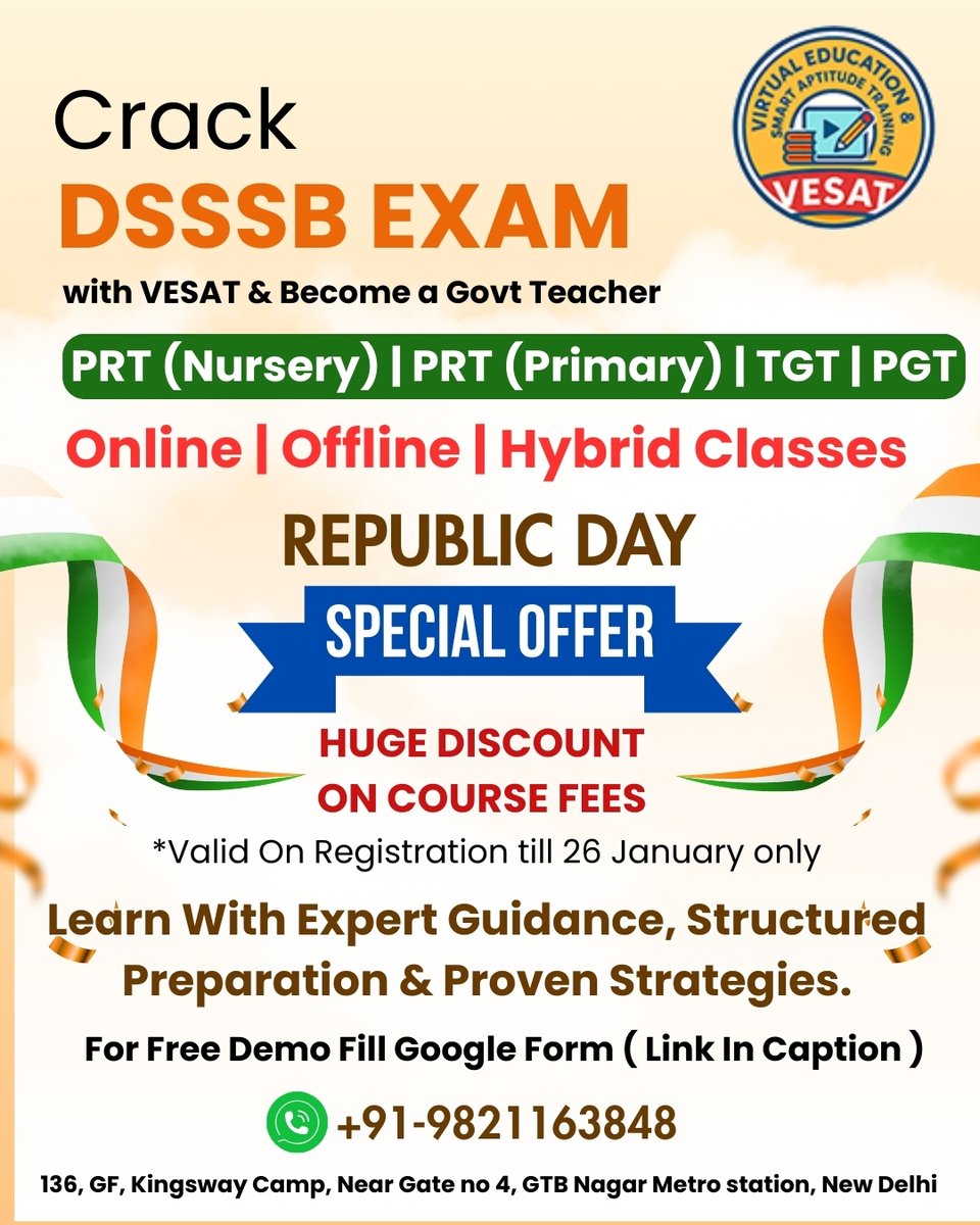 VesatEdu's tweet photo. 🎯 Crack DSSSB Exam with VESAT &amp; Become a Govt Teacher
💥 Huge Discount on Course Fees
⏰ Valid till 26 January only

Book Free Demo Class Now - Fill This Form
https://t.co/jomEo97ftV

Register Now https://t.co/buEZDWt3CX https://t.co/3DVKqLxmwm