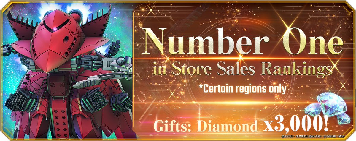 ggene_eternalEN's tweet image. ◤━━━━━━
#GundamEternal
Sales Ranking #1 reached!
━━━━━━━◢
We thank you all for your continued support.
To celebrate the achievement of Sales Ranking #1 in certain regions, we have sent you the following gift.

Diamond x3,000

*Check the in-game notice for details.…